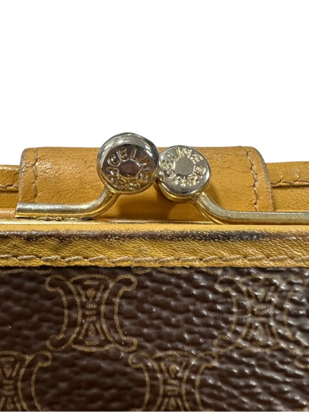 Celine Brown Macadam & Mustard Yellow Leather Compact Kisslock Bifold Wallet - Picture 6 of 14